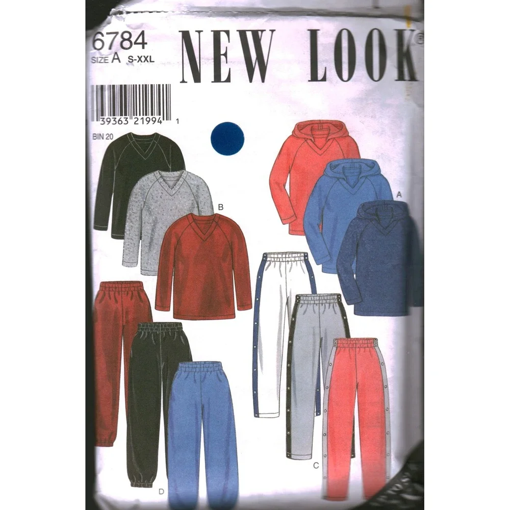 New Look 6784 Sewing Pattern Mens Unisex Hoodie V-Neck Top Pants Size S-XXL cut